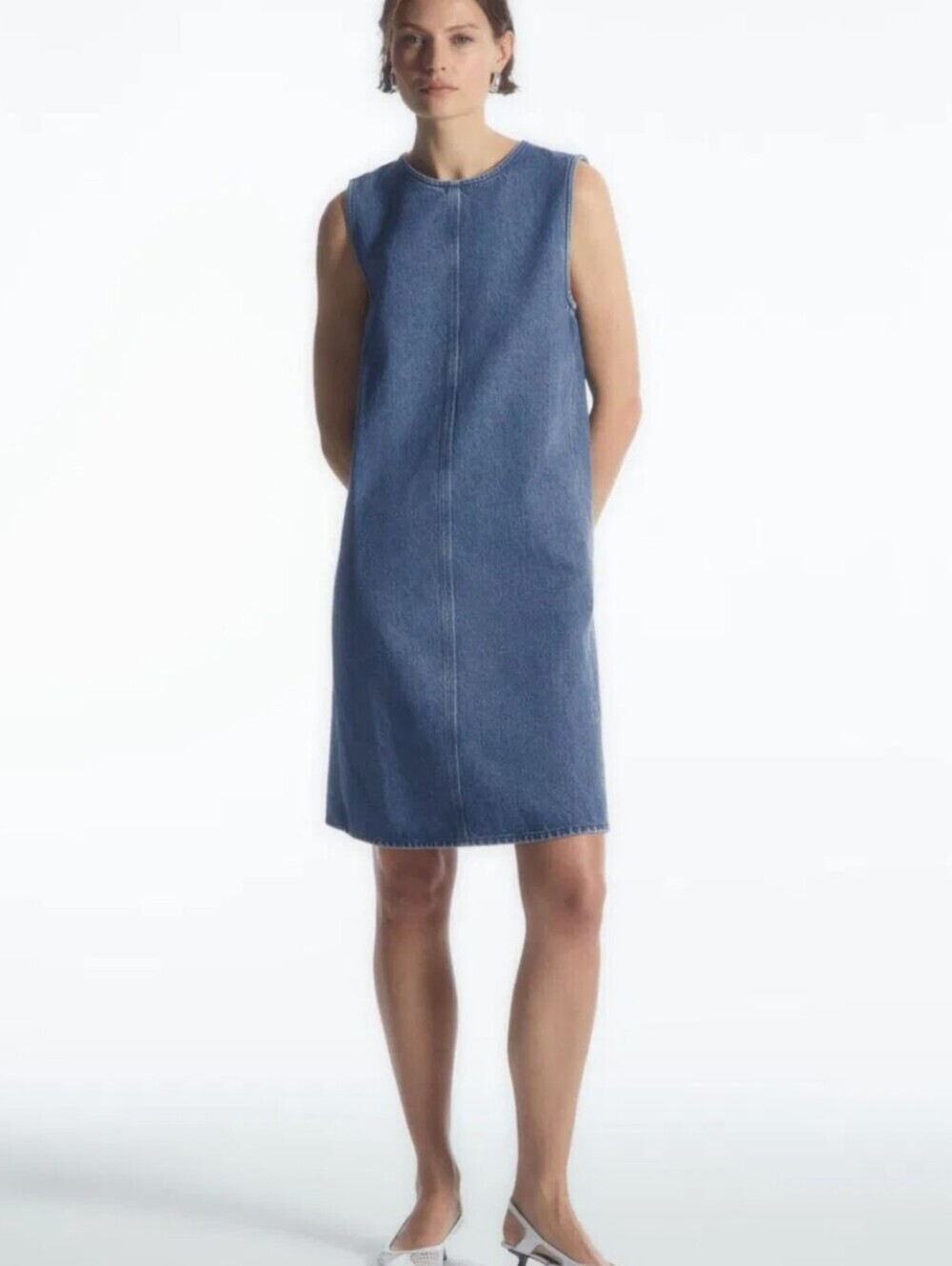 COS Denim Panelled Shift Dress Sleeveless Back Neck Bow Size 2